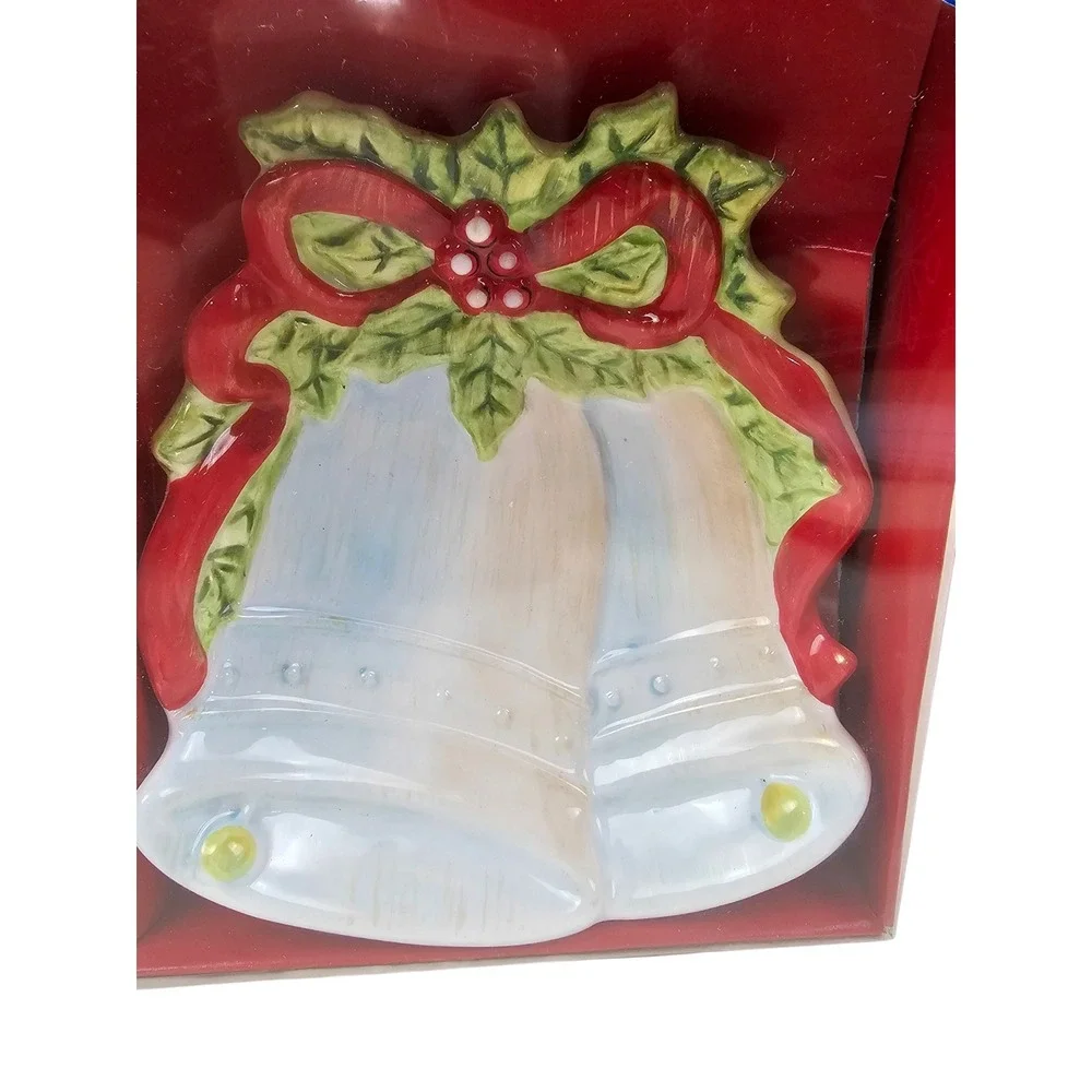 Sonoma Life Style Christmas Ceramic Candy Dish Set Holly Wreath & Bells 2pc